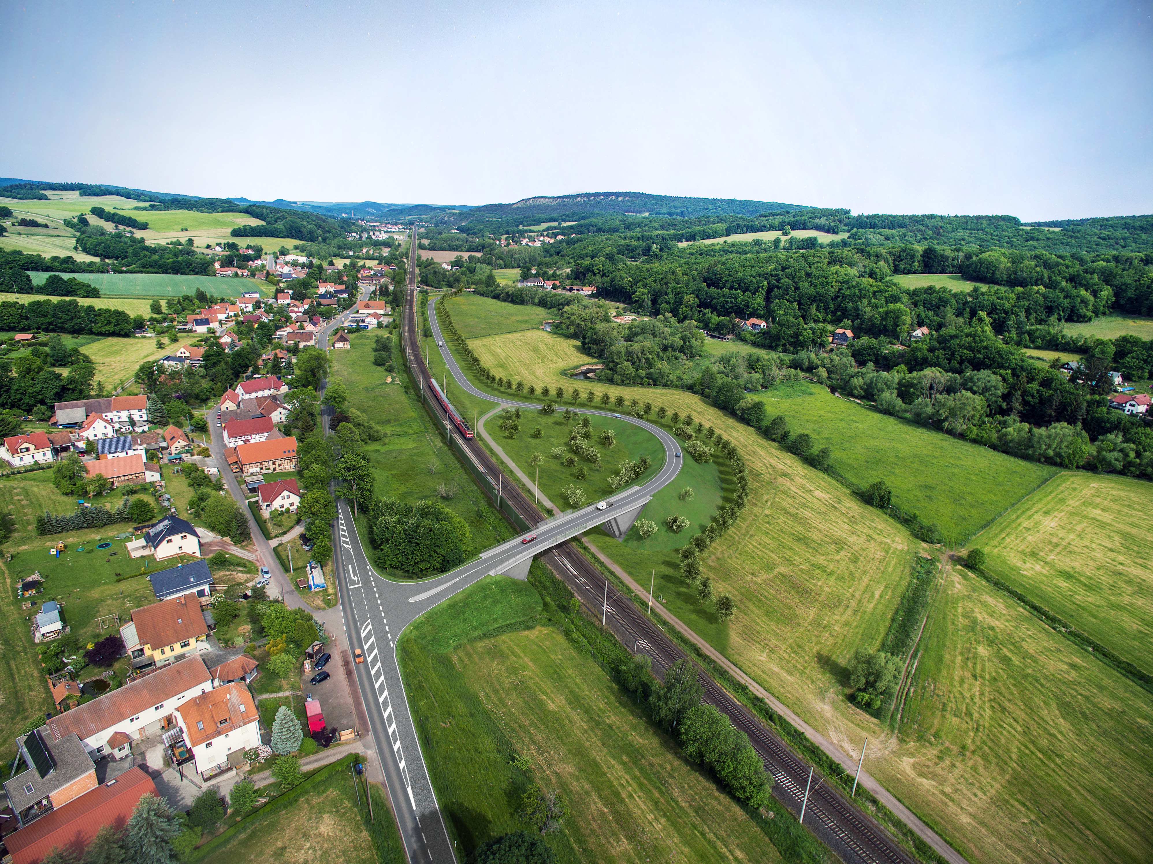 Strecke Erfurt–Eisenach: Visualisierung der neuen Wegebeziehung (neue Straßenüberführung) in Schönau (an der Hörsel)