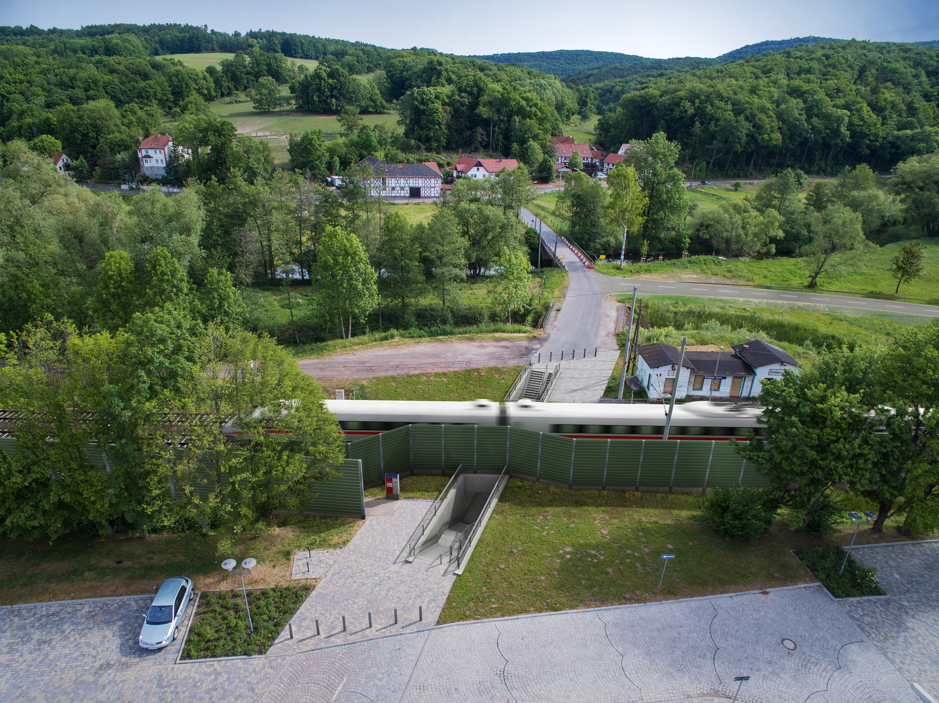 Strecke Erfurt–Eisenach: Visualisierung der Bahnübergang-Beseitigung (neue Fußgängerunterführung) in Schönau (an der Hörsel)