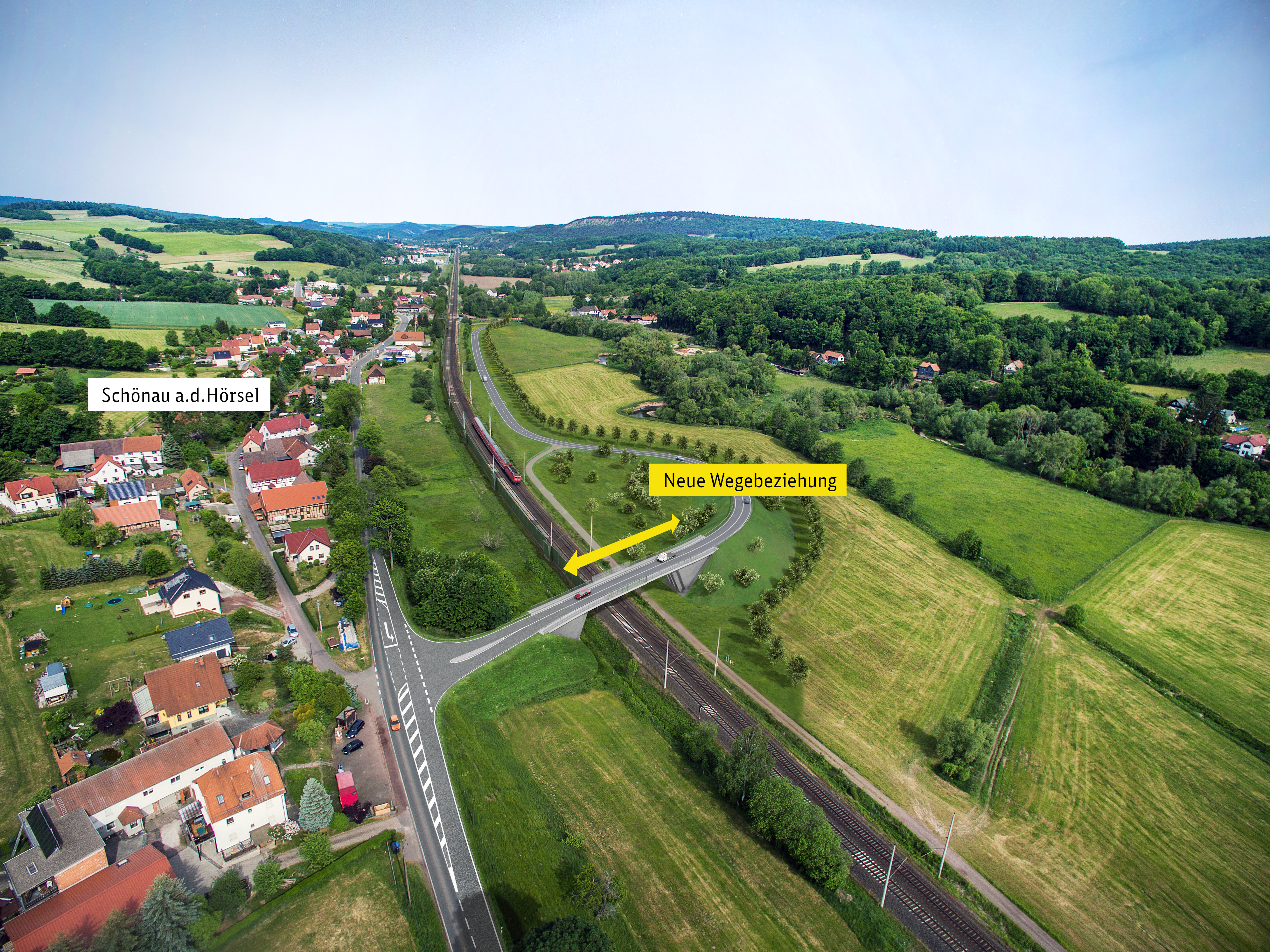 Strecke Erfurt–Eisenach: Visualisierung der neuen Wegebeziehung (neue Straßenüberführung) in Schönau (an der Hörsel)