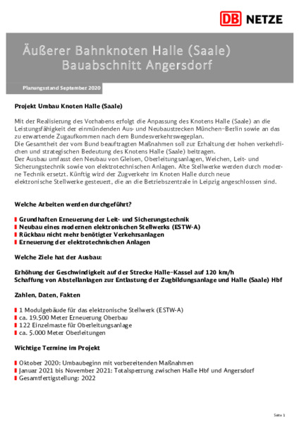 Infoblatt Projekt Äußerer Bahnknoten Halle (Saale) Bauabschnitt Angersdorf