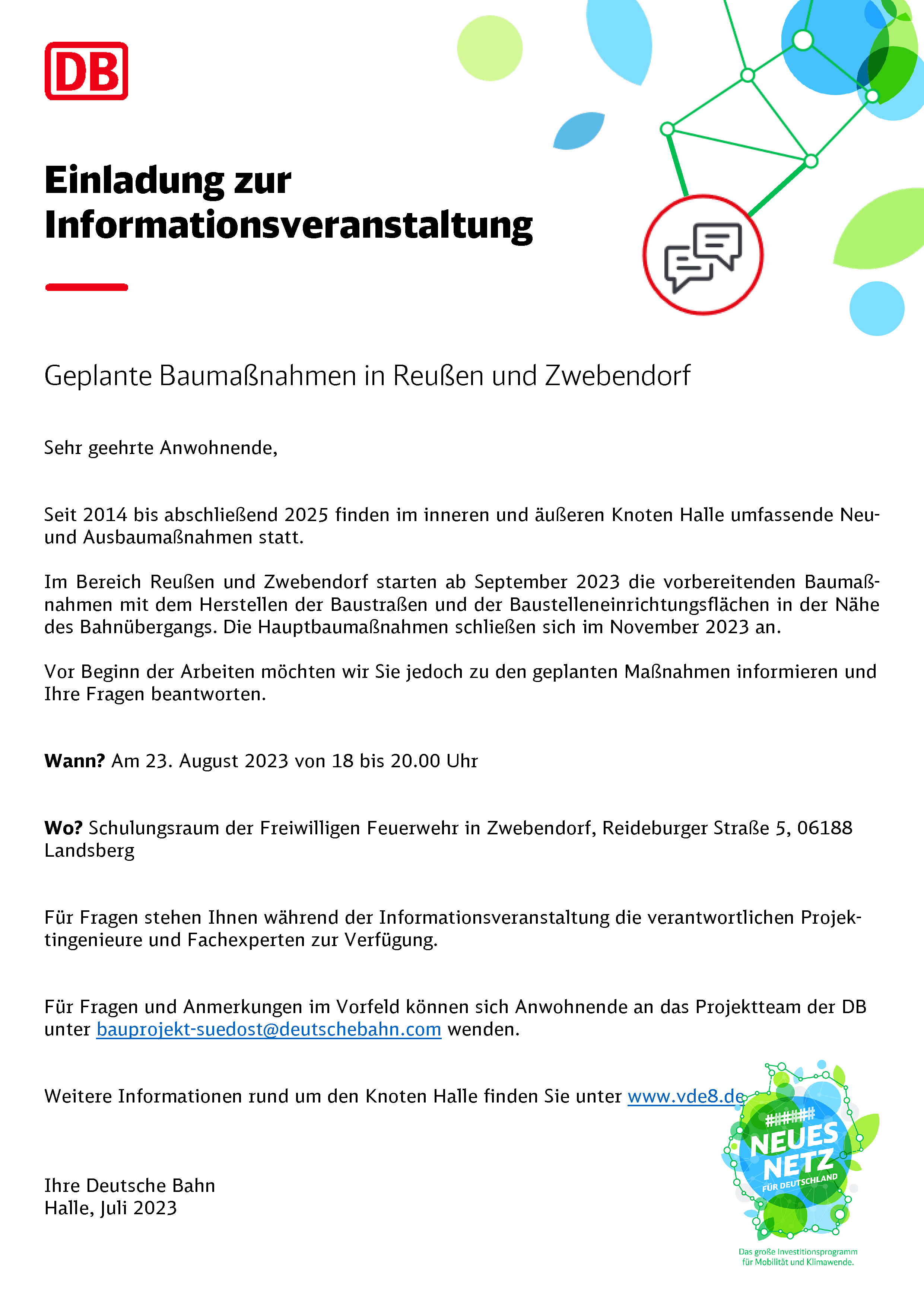 Einladung zur Informationsveranstaltung: Geplante Baumaßnahmen in Reußen und Zwebendorf