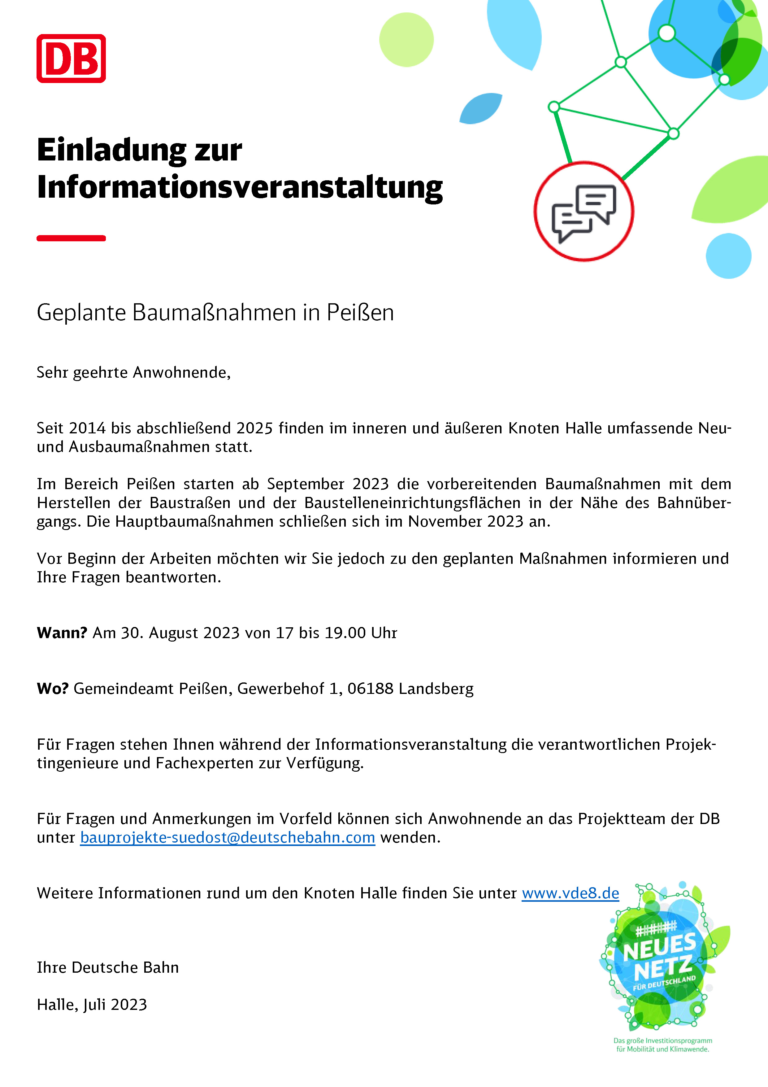 Einladung zur Informationsveranstaltung: Geplante Baumaßnahmen in Peißen