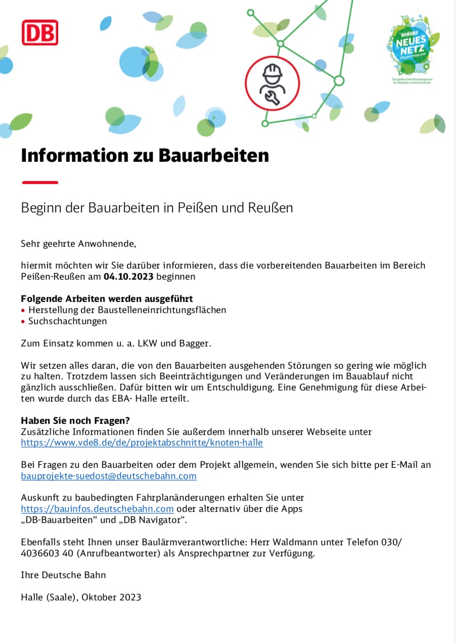Information zu Bauarbeiten: Beginn der Bauarbeiten in Peißen und Reußen