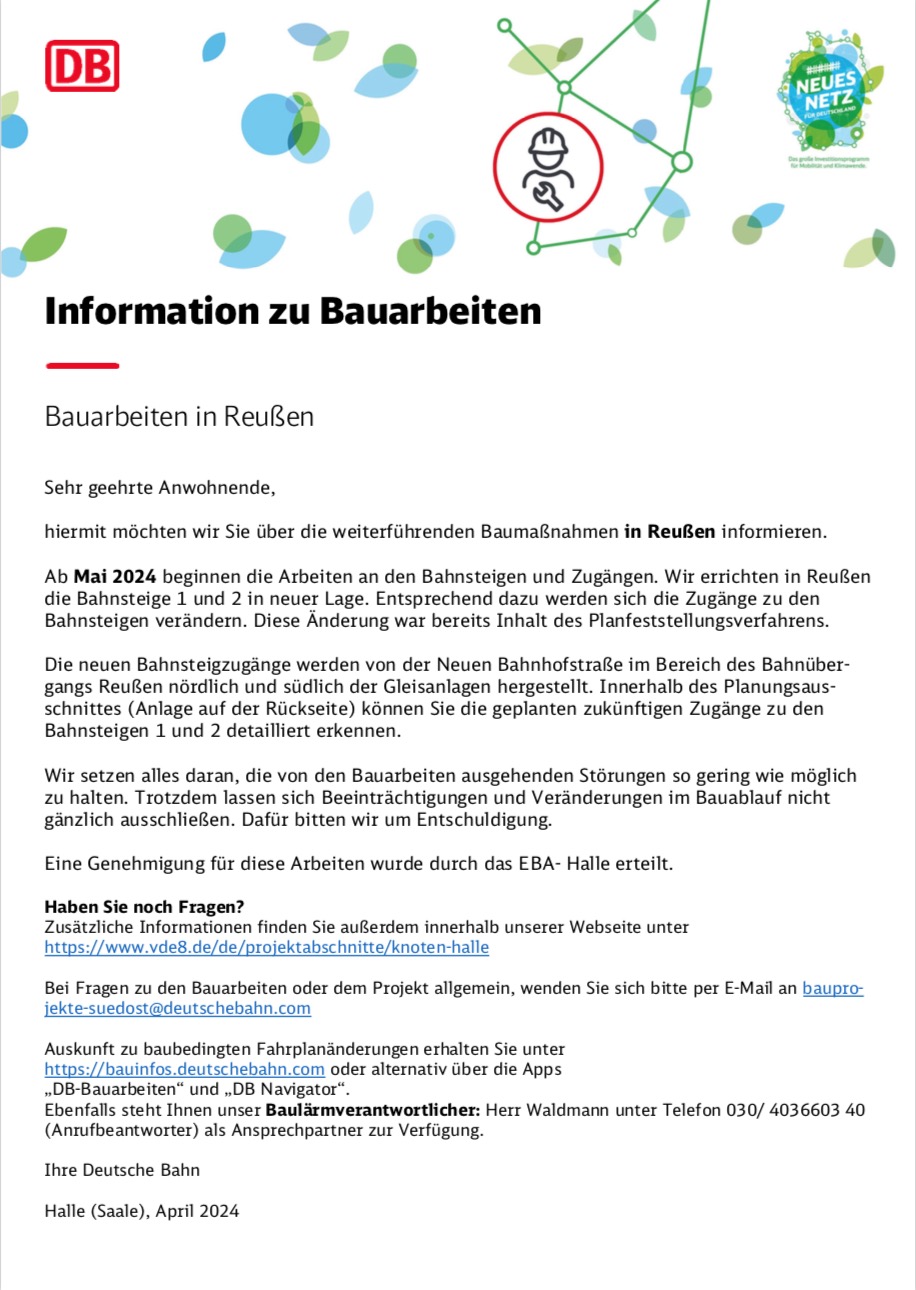 Information zu Bauarbeiten: Bauarbeiten in Reußen
