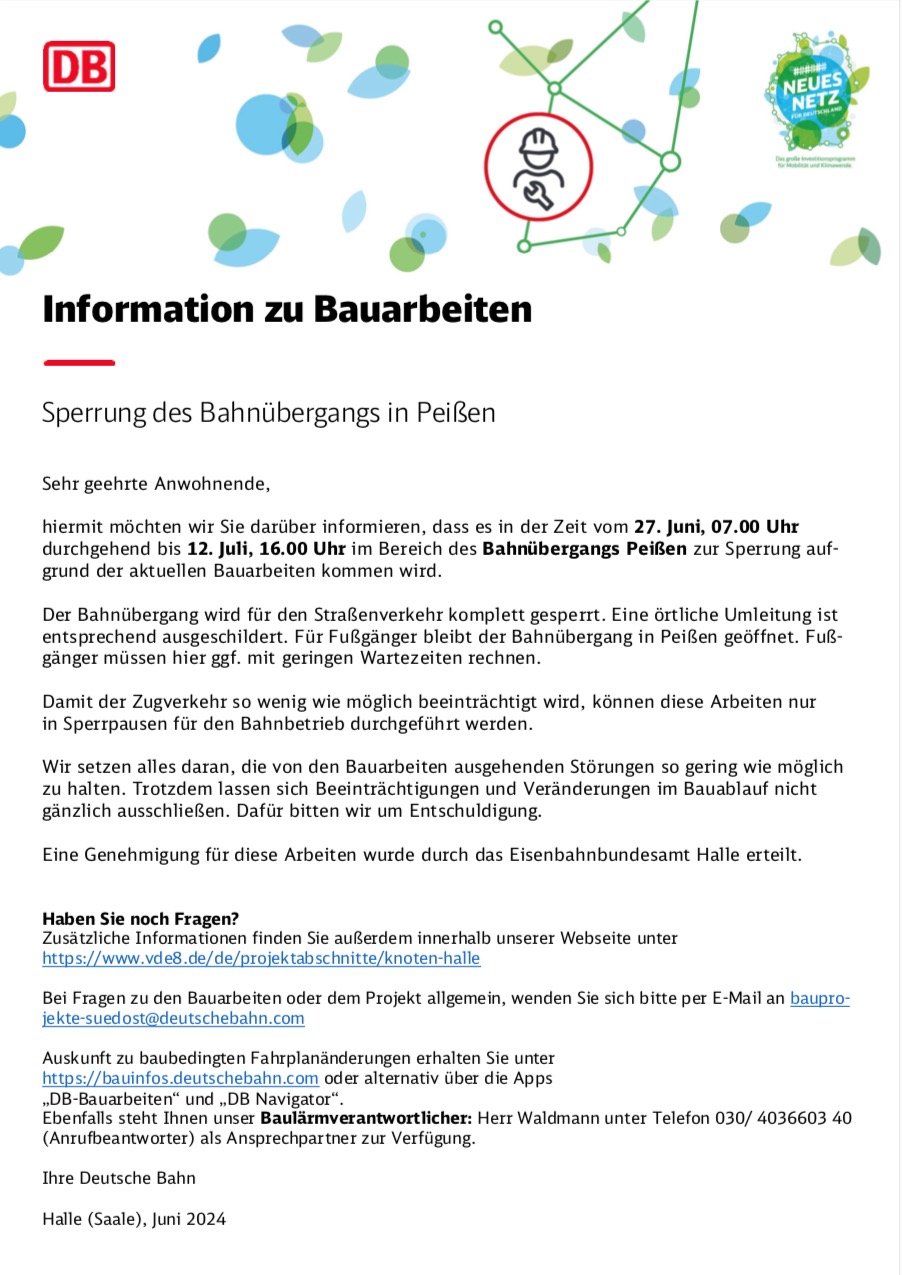 Information zu Bauarbeiten: Bauarbeiten in Peißen, Reußen und Zwebendorf