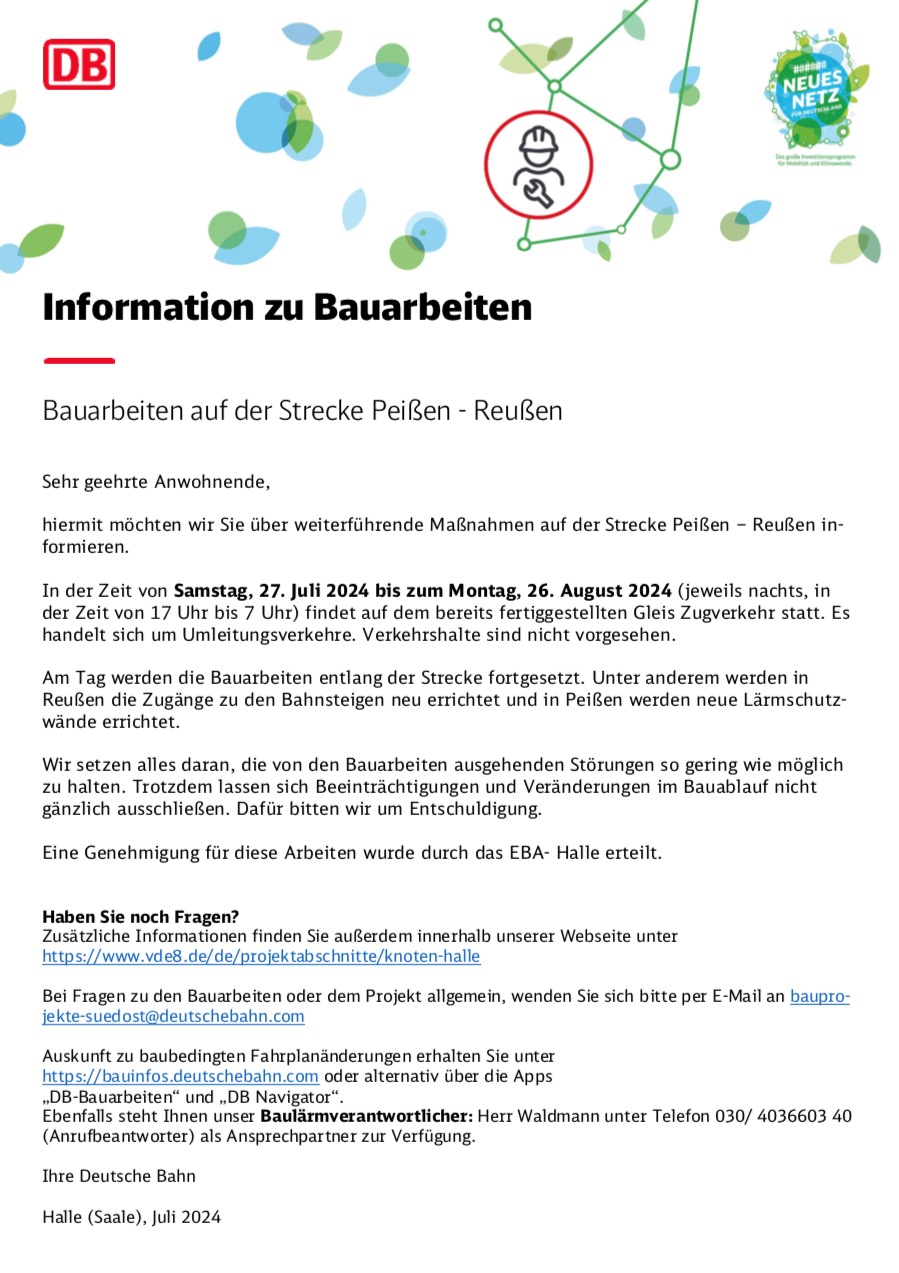 Information zu Bauarbeiten: Bauarbeiten auf der Strecke Peißen – Reußen
